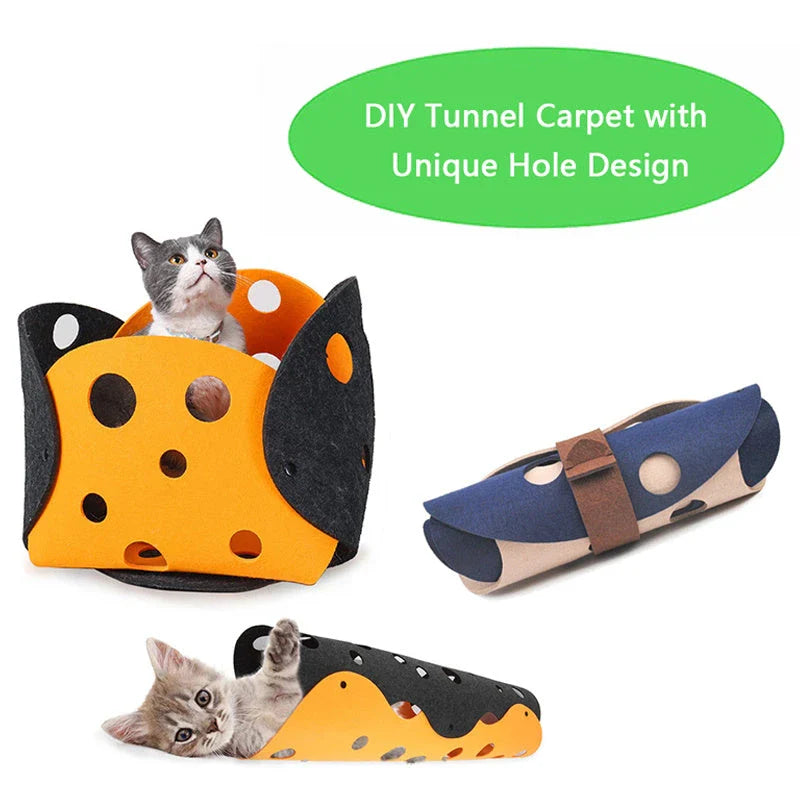 Cozy Felt Cat Tunnel with multiple peek-a-boo holes, available in various stylish color options for interactive play and relaxation.