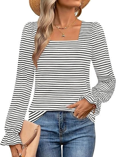 Long-sleeved winter base layer with striped square collar in white, black, and navy blue