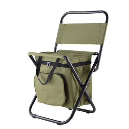 Portable foldable fishing chair with built-in refrigerator for keeping drinks and snacks chilled during outdoor activities