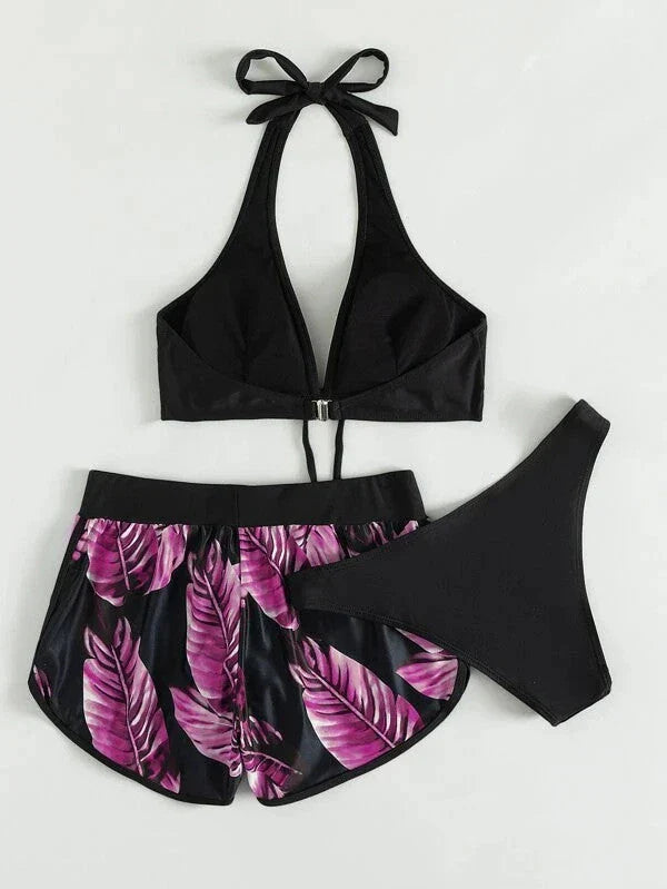 Stylish leaf print bikini with matching shorts in a variety of vibrant colors and patterns