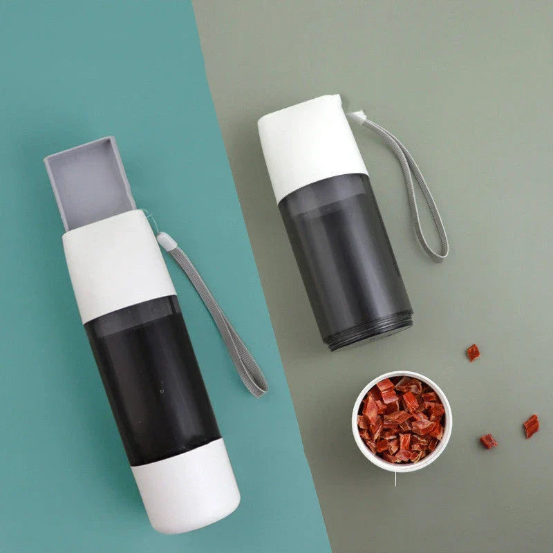 Portable pet water bottle with food container compartment, made of durable ABS plastic and silicone for outdoor use
