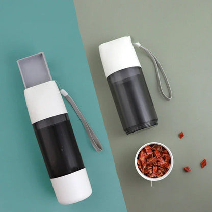 Portable pet water bottle with food container compartment, made of durable ABS plastic and silicone for outdoor use