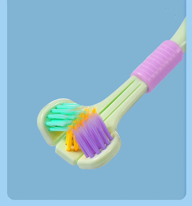 Soft bristle toothbrush with 3-sided brush head for thorough dental cleaning
