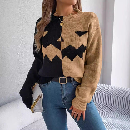 A stylish Halloween pullover sweater with a ghost motif, available in a variety of vibrant colors and sizes.