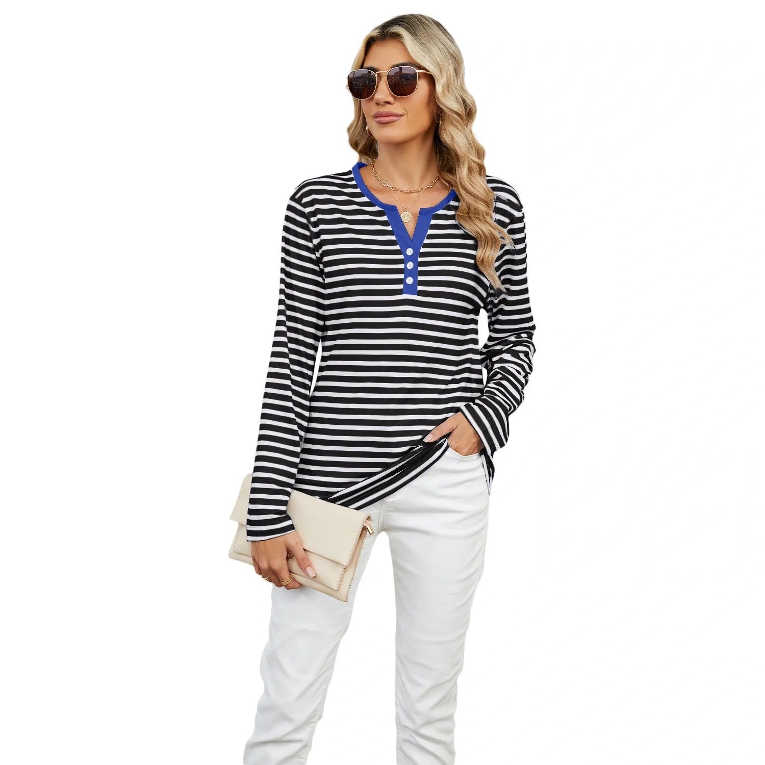 Women's V-neck striped loose long-sleeved t-shirt top in various colours