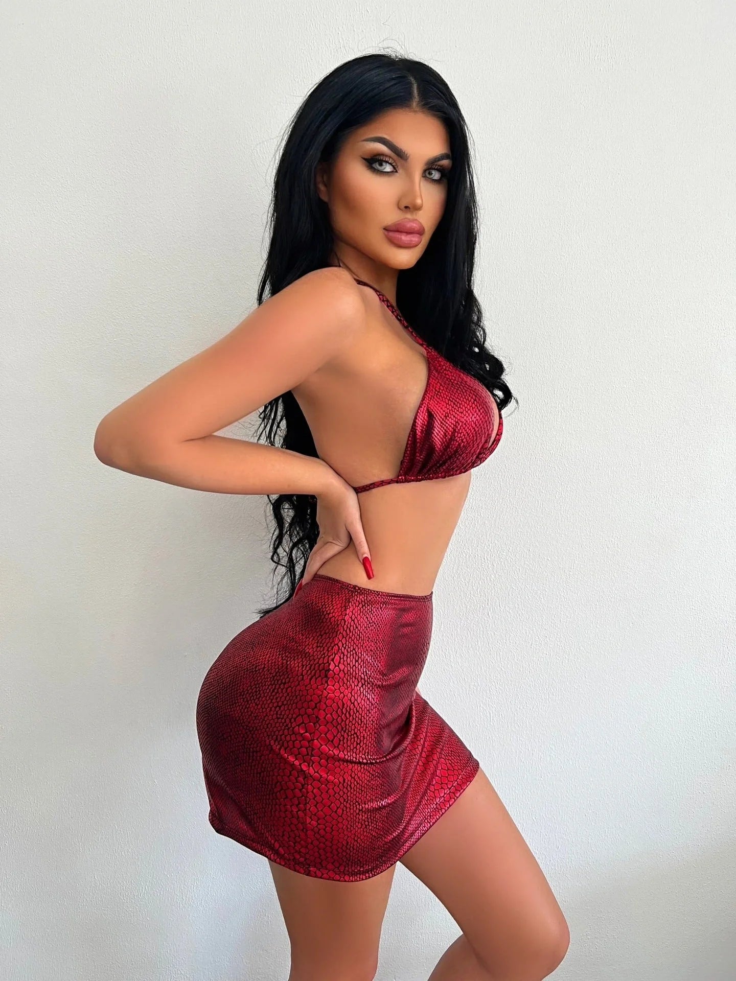 Women's snake pattern bikini set with cover up skirt in various colors