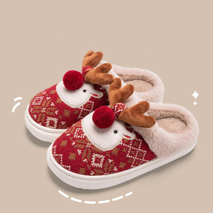 Cozy and festive plush elk-themed slippers in Christmas green and red colors