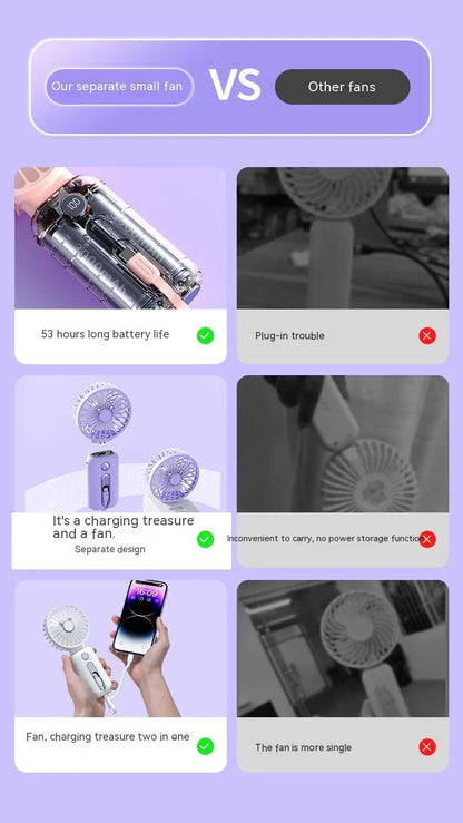 Rechargeable 2-in-1 handheld fan with power bank in various colors - a versatile cooling and charging solution for home, office, and travel