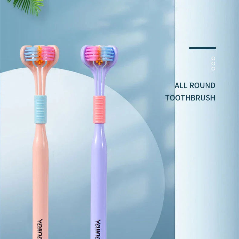 Soft bristle toothbrush with 3-sided brush head for thorough dental cleaning