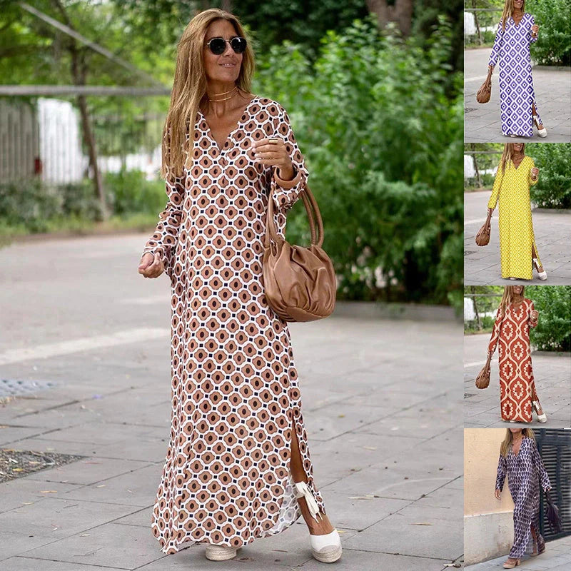 Stylish women's geometric print V-neck long dress in various colours