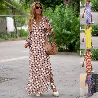 Stylish women's geometric print V-neck long dress in various colours