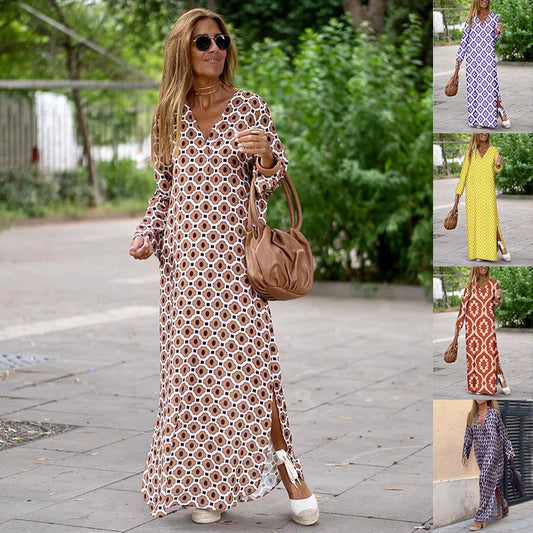 Stylish women's geometric print V-neck long dress in various colours