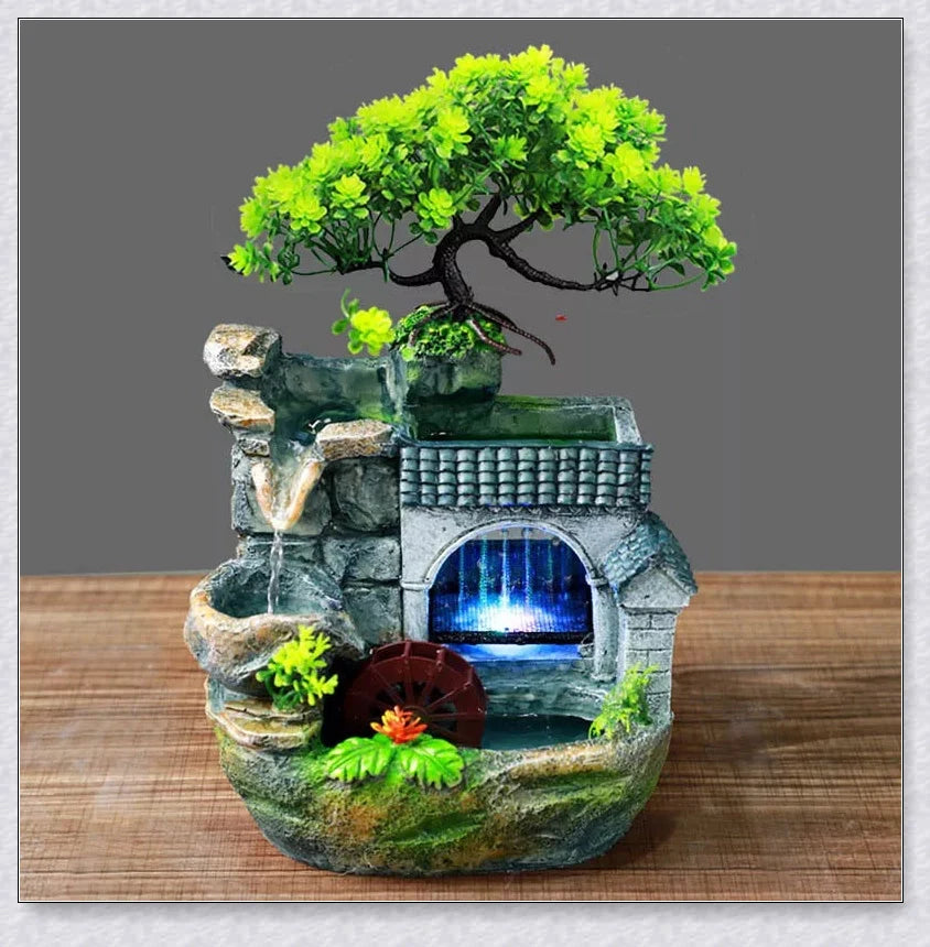 Premium polyresin indoor tabletop waterfall fountain with lifelike design and soothing cascading water sounds for relaxation and stress relief