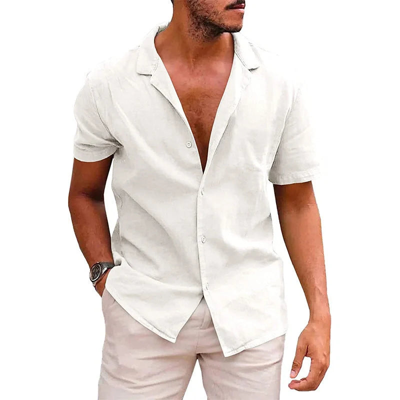 Men's casual linen-cotton blend short sleeve button-down shirt in various colours