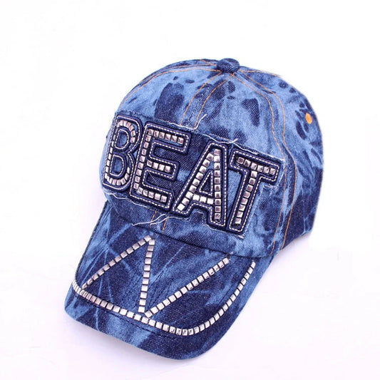 Stylish Korean denim baseball cap with sparkling rhinestones for spring fashion