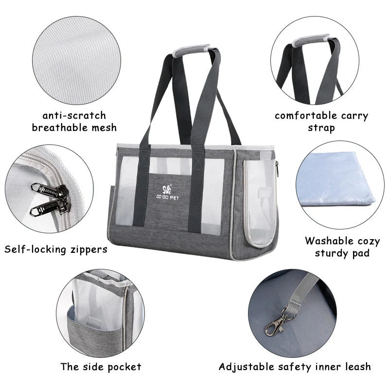 Portable pet carrier backpack in grey, pink, and blue with breathable mesh and large capacity