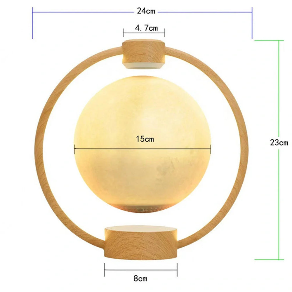 Levitating Bluetooth speaker with moon-shaped orb, colour-changing LED lights, and wooden base