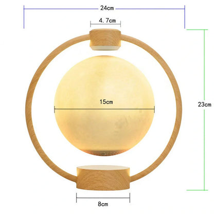 Levitating Bluetooth speaker with moon-shaped orb, colour-changing LED lights, and wooden base