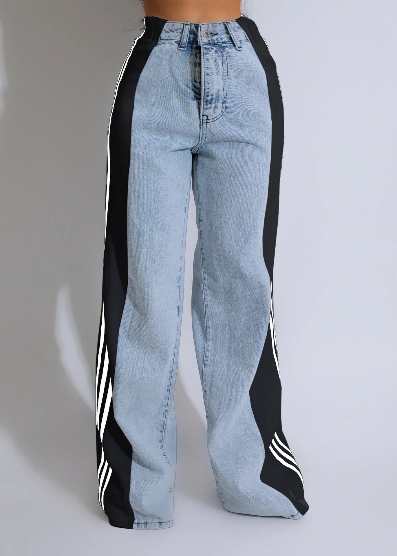 Stylish high-waist denim pants with patchwork details, available in a range of trendy color combinations
