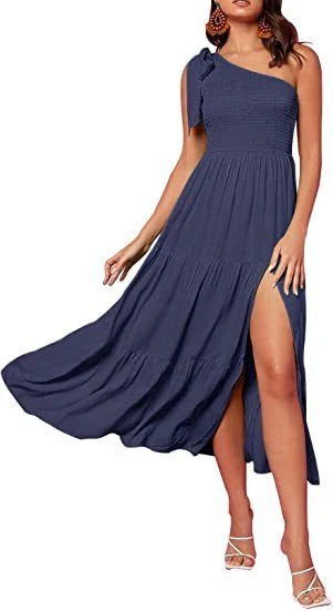 Stylish one-shoulder dress with pleated details, asymmetrical hemline, and leg-baring side slit in various colors
