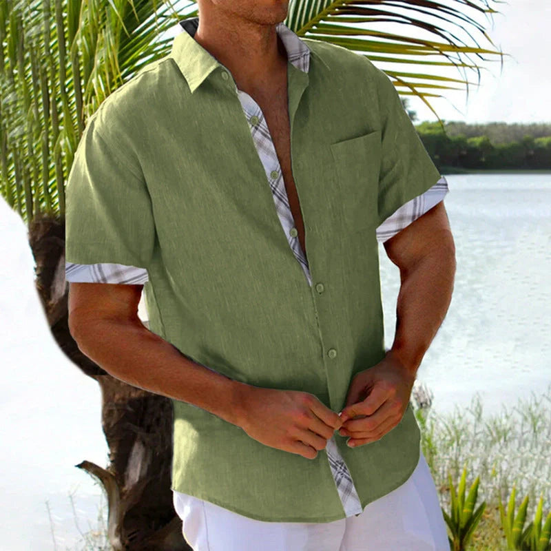 Men's summer plaid short sleeve shirt with unique side detail for beach and vacation wear