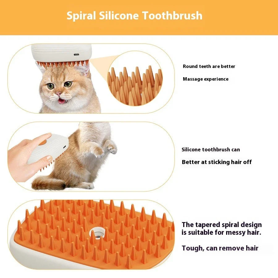 USB Rechargeable Pet Grooming Brush with Gentle Steam, Massage, and Detangling Functions for Cats