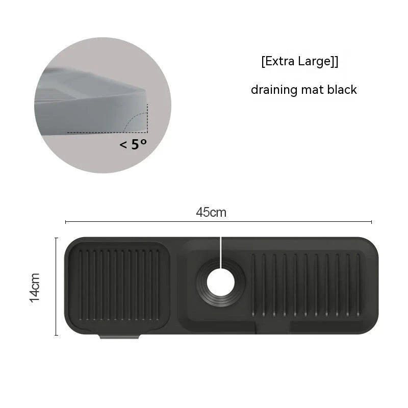 Premium silicone faucet splash guard with sloped design and dual drainage channels to prevent sink splashes and keep countertops dry.
