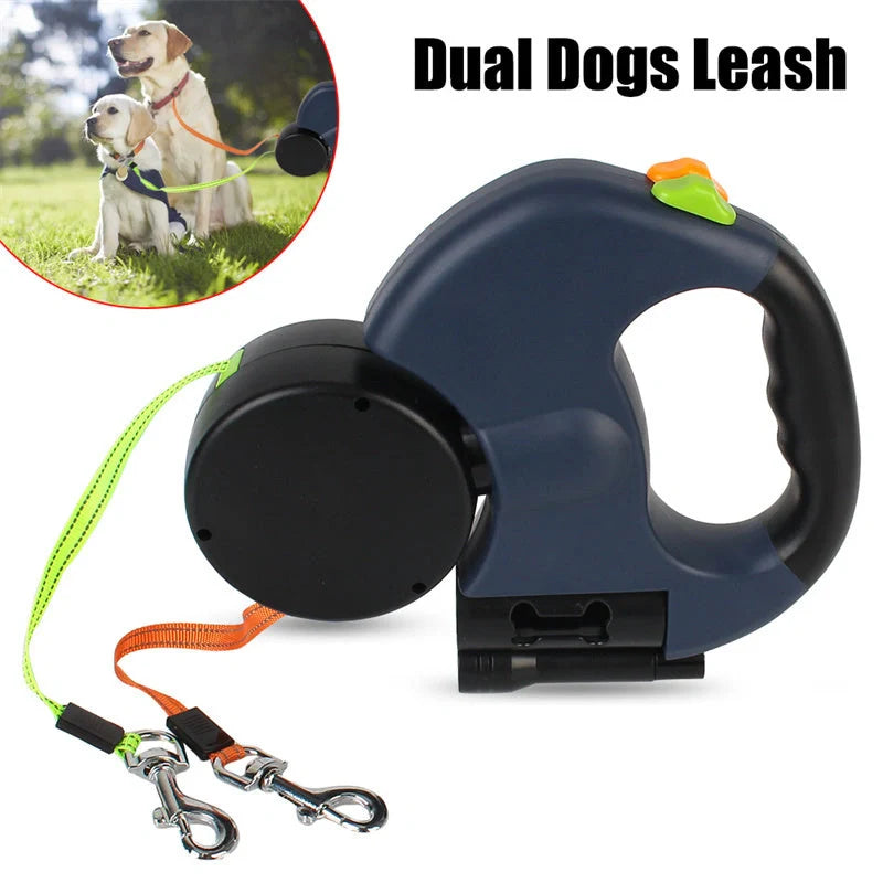 Reflective dual pet leash for small dogs with 360 swivel and lights