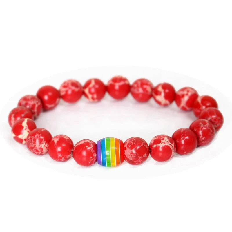 Pride Rainbow Bead Bracelet featuring natural stones in vibrant colours, perfect for unisex wear.