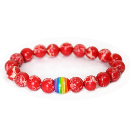 Pride Rainbow Bead Bracelet featuring natural stones in vibrant colours, perfect for unisex wear.