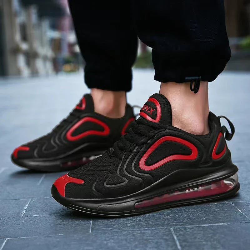 Comfortable black and red air cushion sneakers with lace-up closure for active men