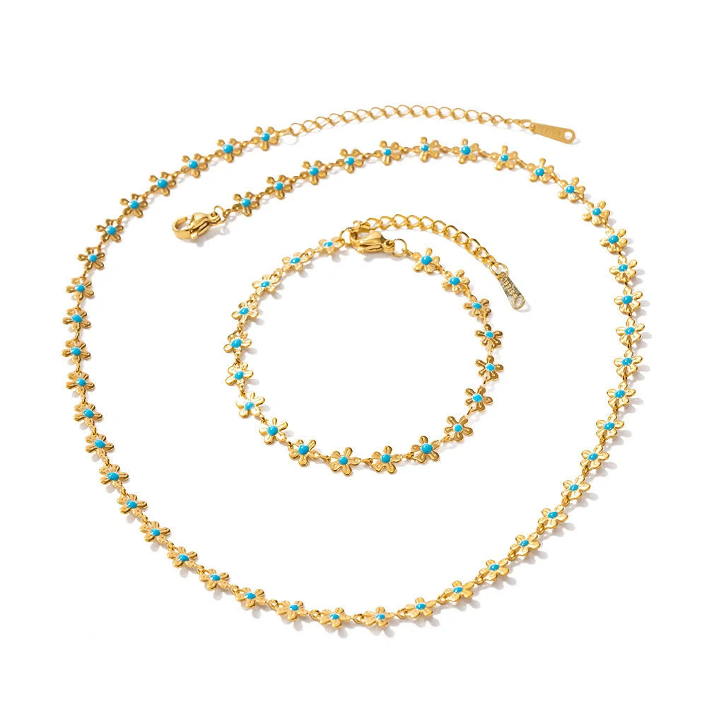 Elegant pastoral oil-spot glaze flower necklace and bracelet set in stainless steel