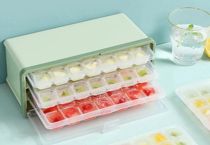Drawer-type plastic ice cube mold maker with lid and storage bin for easy ice cube making and storage