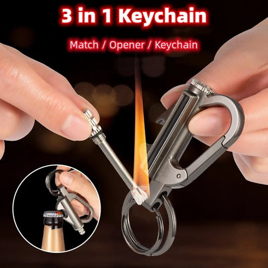 Metal keychain lighter with flint starter and bottle opener in various finishes