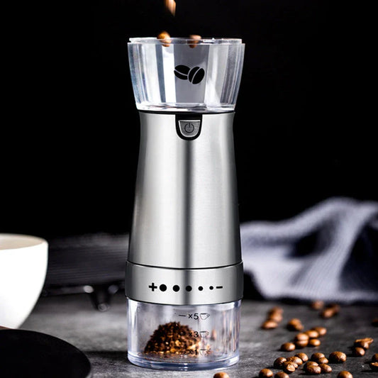Premium stainless steel electric coffee grinder with adjustable grind settings, USB charging, and sleek modern design