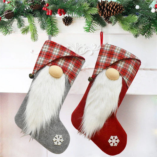 Premium Christmas stockings with plaid patterns and 3D Christmas dwarf designs, perfect for festive home decor
