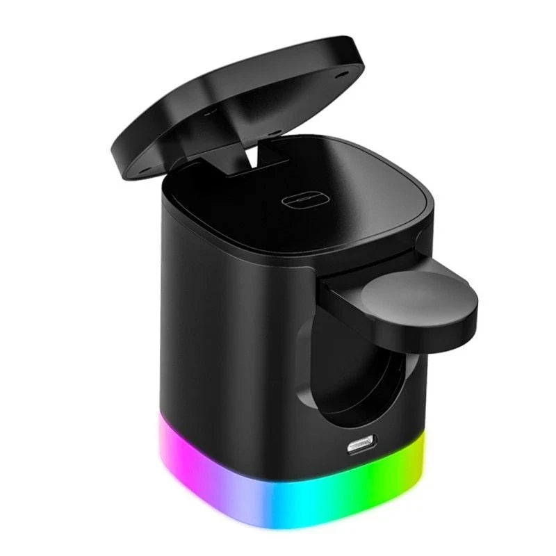 3-in-1 wireless charging station with RGB ambient lighting for smartphones, smartwatches, and wireless earbuds