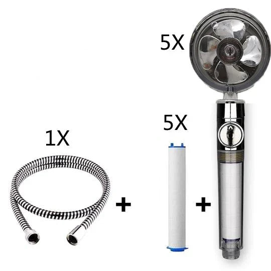 A high-pressure shower head with a stop button, cotton filter, and powerful water pressure for a luxurious bathing experience.