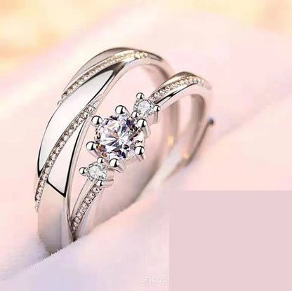Adjustable Sterling Silver Couple Rings with geometric design and gold-plated inlay