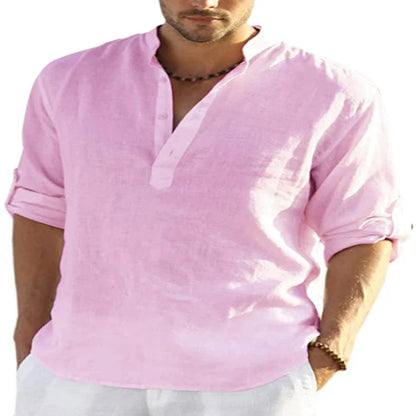 A stylish linen-blend men's casual shirt with a stand collar, button-down closure, and slim tailored fit