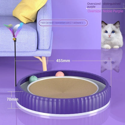 Round cat scratching board with toy ball, protects furniture from scratches