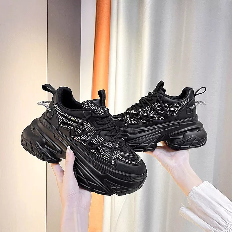 Women's Summer Mesh Breathable All-match Sneakers in black, white, and pink with mid heel