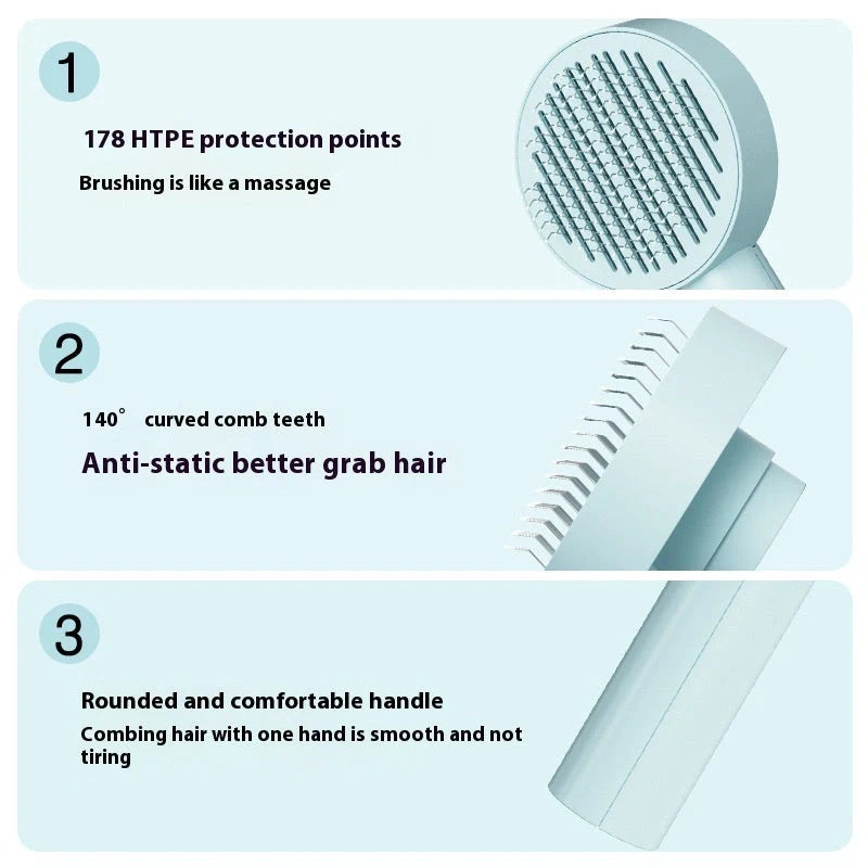 Self-cleaning pet grooming comb with stainless steel needles in blue, pink, and white