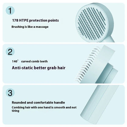 Self-cleaning pet grooming comb with stainless steel needles in blue, pink, and white