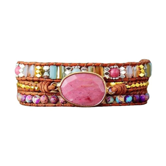 Bohemian Red Wood Grain Leather Crystal Bracelet with semi-precious stones