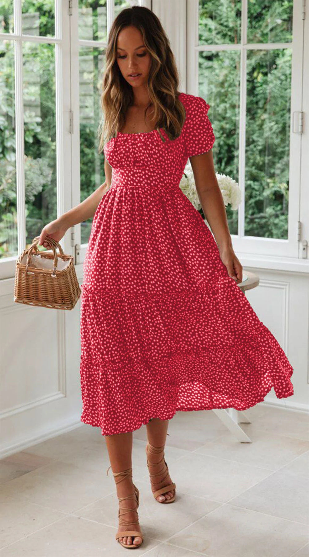 Elegant floral puff sleeve midi dress in various colours and patterns