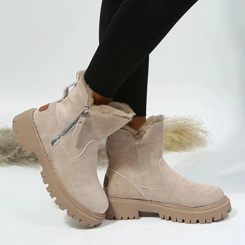 Women's foldable plush snow boots in black and khaki with round-toe design