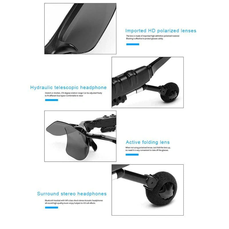 Bluetooth 5.0 Smart Sunglasses with wireless headphones and microphone for high-fidelity audio and eye protection