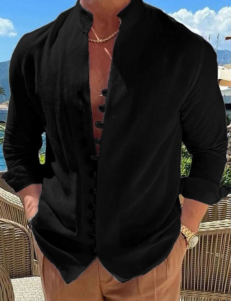Men's retro button design long-sleeved shirt in various colours
