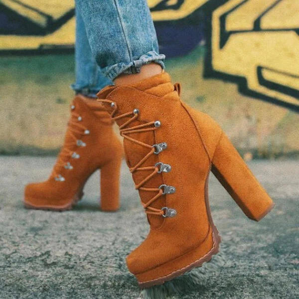 Women's round toe lace-up heeled boots in suede with 8cm high heel